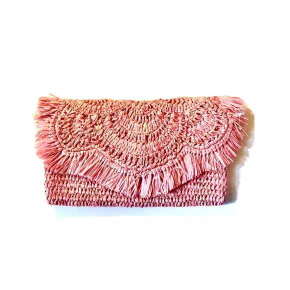 Nordstrom Handbags - Nordstrom Brand Pink / Metallic Raffia Straw Clutch Bag.
